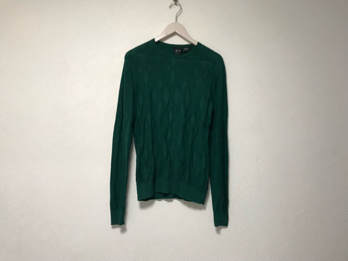 本物アルマーニエクスチェンジARMANI AXコットンロゴニット長袖セーターメンズサーフビジネススーツゴルフ緑グリーンXS拍卖