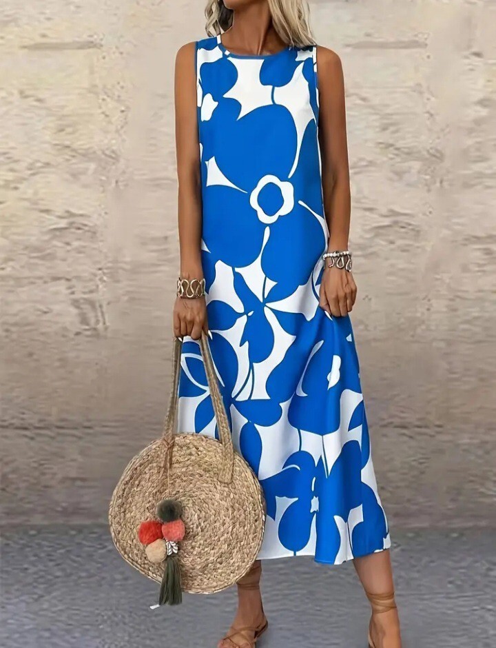 新品大きいサイズLワンピースマキシノースリーブ花柄ブルー系拍卖