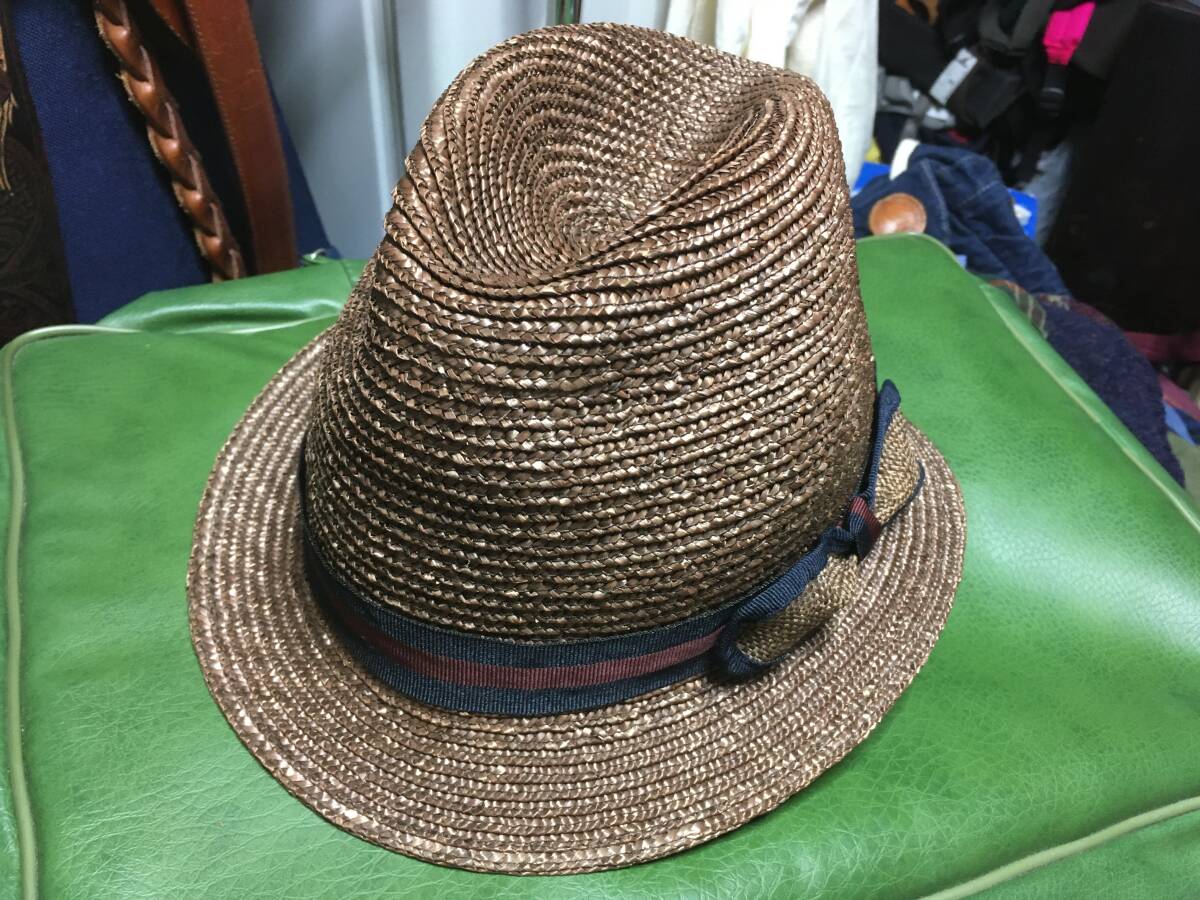 2506ITALY伊イタリア製TESIストロー麦わら リボン巻き中折フェドラHATハット帽子ブラウン茶BROWN拍卖