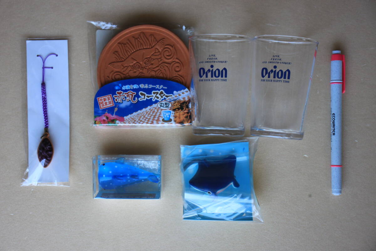 93ご当地ストラップ置物コップコースター【沖縄県「紅タルト/ジンベエザメ/マンタと小判ザメ/赤瓦コースター」美ら海水族館/オリオンビール拍卖