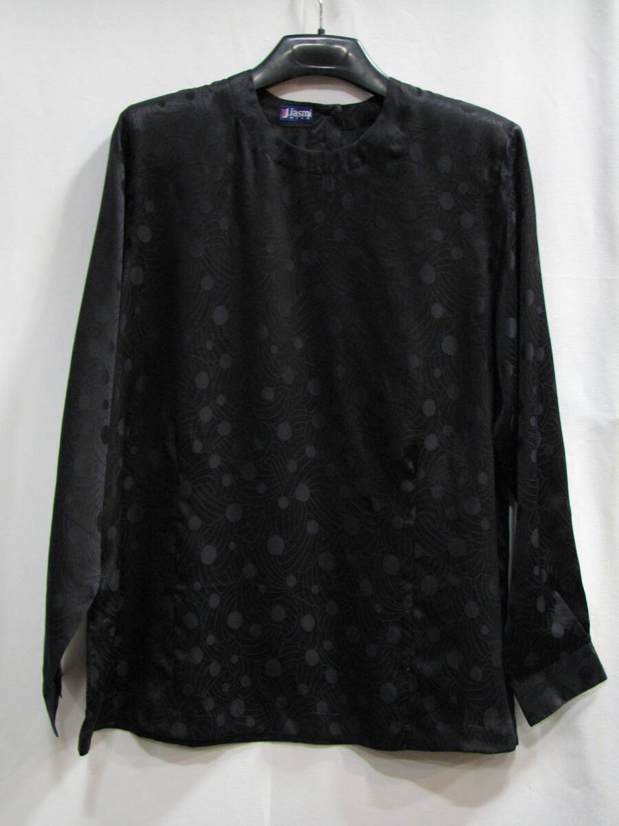 ★★未使用 565403 ★絹100% ★シルク100% ★謝恩セール 超破格値 在庫処分特売 水玉曲線流れ 丸首 長袖ブラウス 黒 フリーサイズ ★拍卖