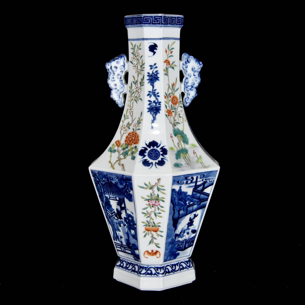 「清時代 乾隆年製款 古陶磁器 粉彩 青花 染付 花卉 人物故事 双耳瓶」置物 擺件 時代物 古董品 骨董 旧家蔵出し 唐物 中国古玩 古美術品拍卖