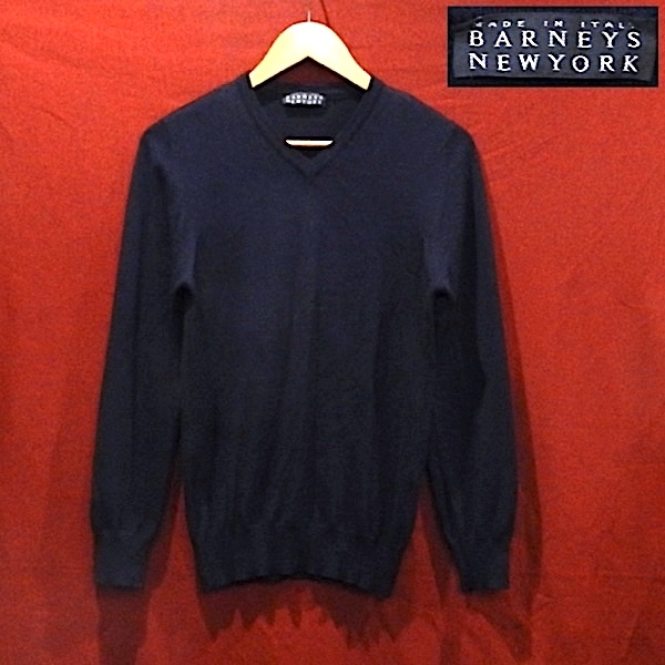 バーニーズニューヨーク 90's オールド ビンテージ 旧タグ イタリア製 Vネック 薄手 ウール アクリル ニット セーター 紺 46 / S 美品拍卖