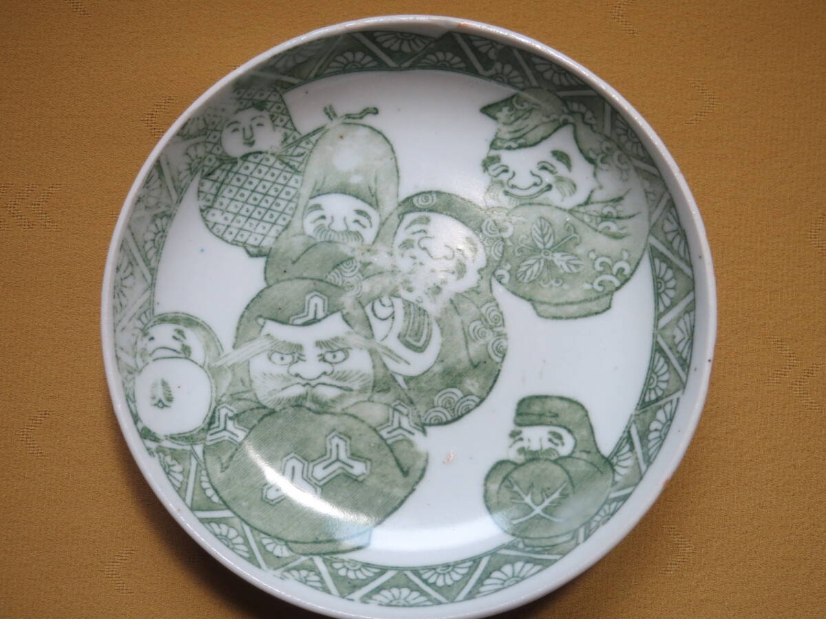 印版 皿 七福神達磨図 緑 だるま 明治後期・大正期拍卖