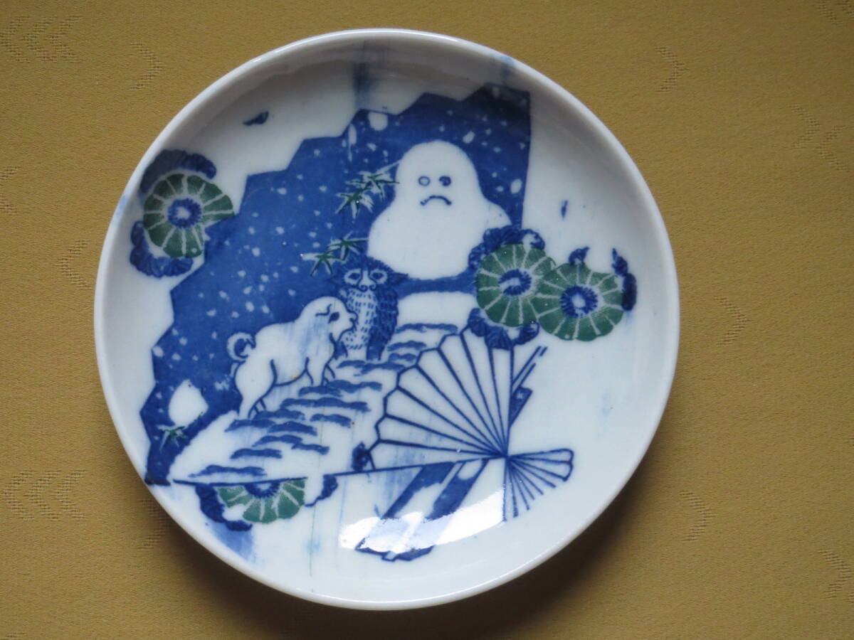 印版 手塩皿 扇面に雪だるま 仔犬 b 明治中・後期拍卖
