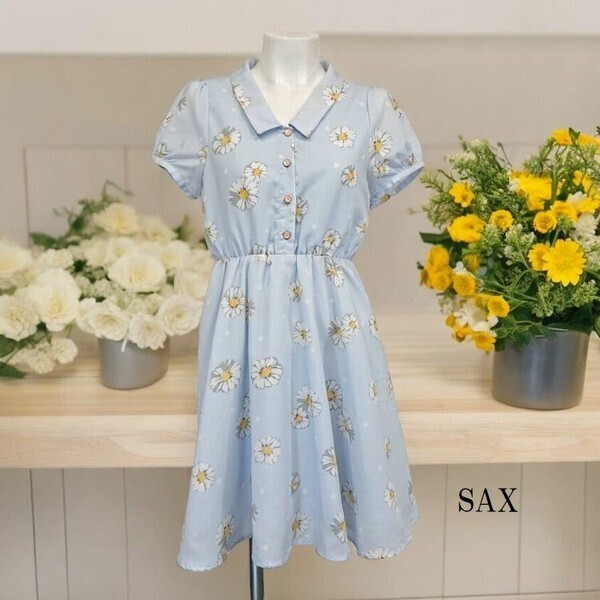 新品タグ付 花柄&ドットプリント 衿付パフスリーブ 半袖 ミニワンピース レトロ サックス フリー拍卖