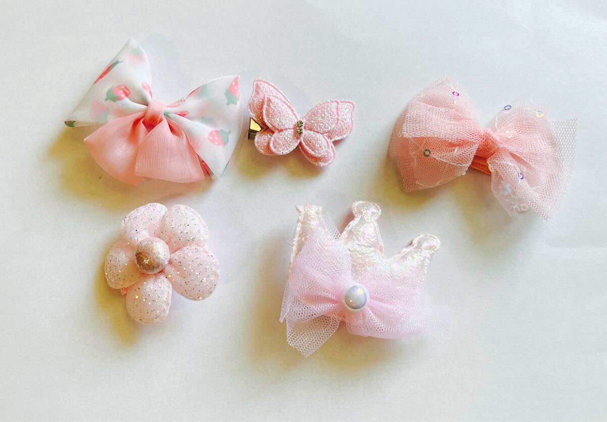 可愛いヘアクリップ☆ヘアピン 5点set♪ピンク③ ふんわりお花 ストライプオーガンジー 布リボン リボンモチーフ拍卖