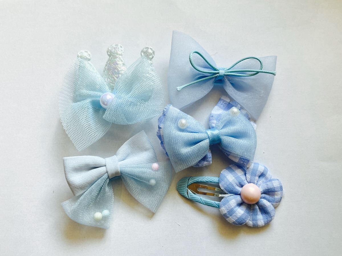 可愛いヘアクリップ☆ヘアピン 5点set♪みずいろ① リボンヘアゴム リボンモチーフ ヘアアクセサリー 布リボン拍卖