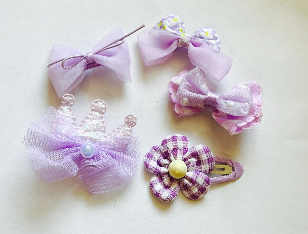 可愛いヘアクリップ☆ヘアピン 5点set♪パープル②紫 リボンモチーフ ヘアアクセサリー リボン ストライプオーガンジー拍卖