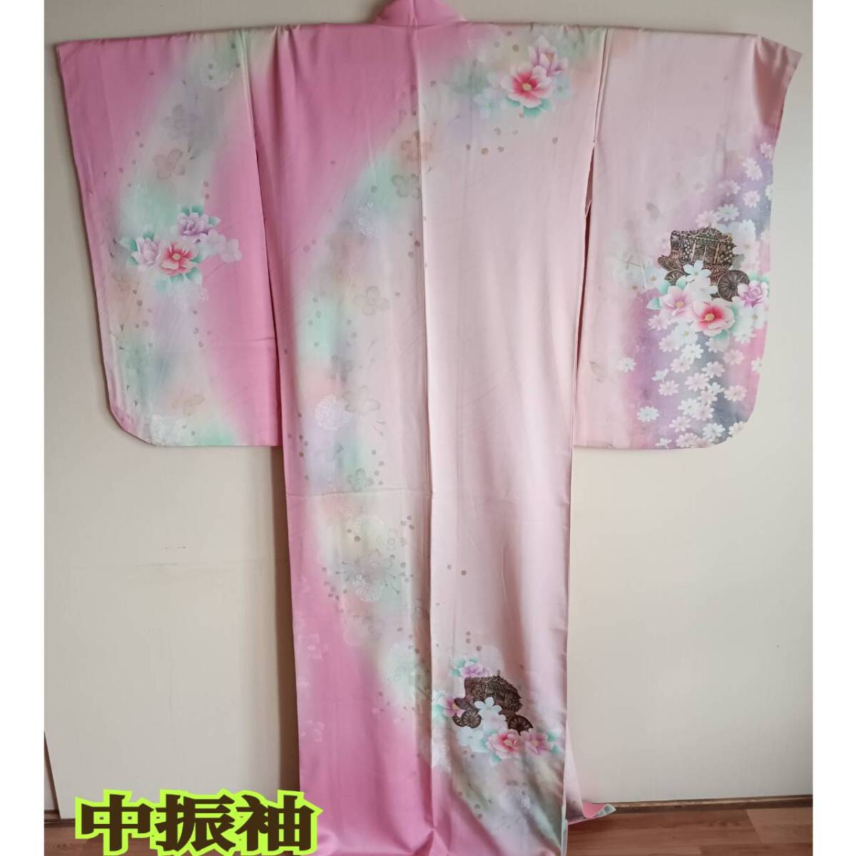 振袖 着物 ◆ 身丈 約169cm ベビーピンクx ピンク x 水色 x 淡いグリーン x パープル x ゴールドx 花柄 正絹 和服 ◆ レディース きもの拍卖