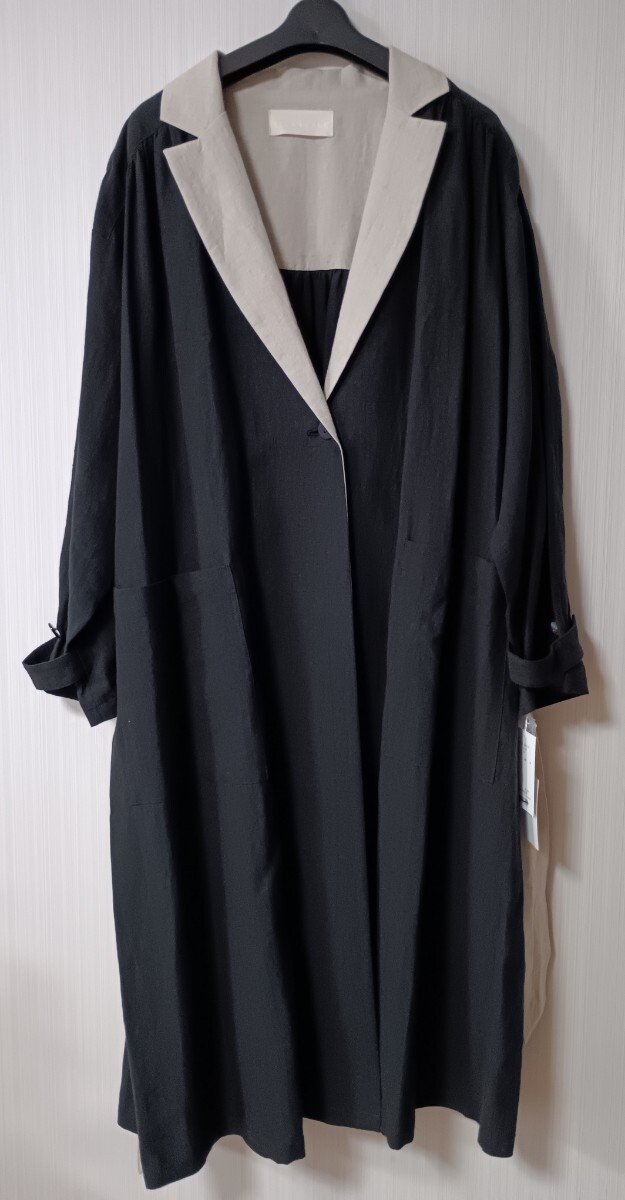 即決☆未使用☆定価52800円☆aeca_blancウンディッチノーべ リネン バイカラー ロングコート☆ロングジャケット☆M(F ブラック リネン 麻拍卖