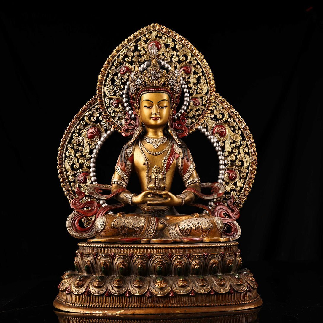 ▼渡鶴羽▼R2461清時代 銅製高浮彫鏨刻彩絵描金長寿仏 細工彫刻★仏教古美術★仏像★細密細工★廃寺旧蔵★廃寺買出品拍卖