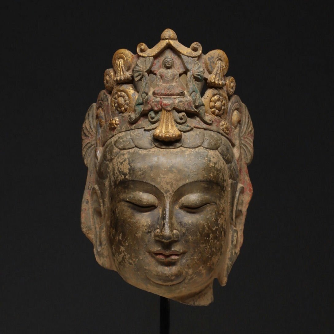 ▼渡鶴羽▼A3562北斉 青石菩薩仏頭 仏首 青州石細工彫刻★仏教古美術★仏像★細密細工★廃寺旧蔵★廃寺買出品拍卖