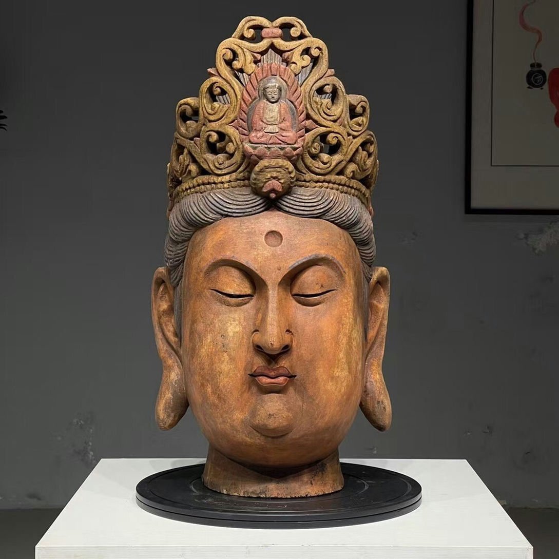 ▼渡鶴羽▼A3567明時代 楠木木彫彩絵観音菩薩仏頭 仏首 楠木細工彫刻★仏教古美術★仏像★細密細工★廃寺旧蔵★廃寺買出品拍卖