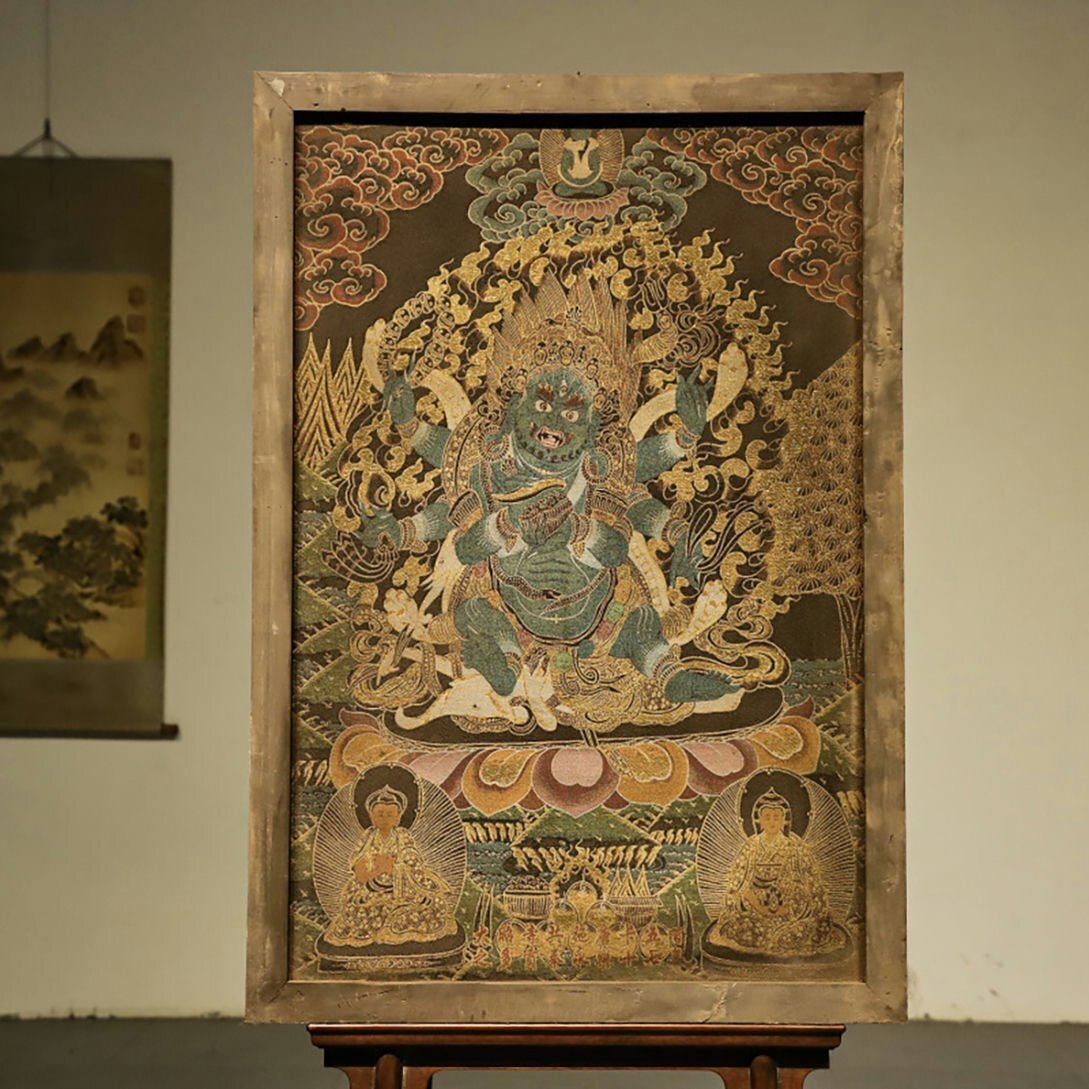 ▼渡鶴羽▼A9798清時代 仏教古美術 チベット密教 六臂大黒天像タンカ・ 絲織・鏡框 掛板画★細密細工★廃寺旧蔵★廃寺買出品拍卖