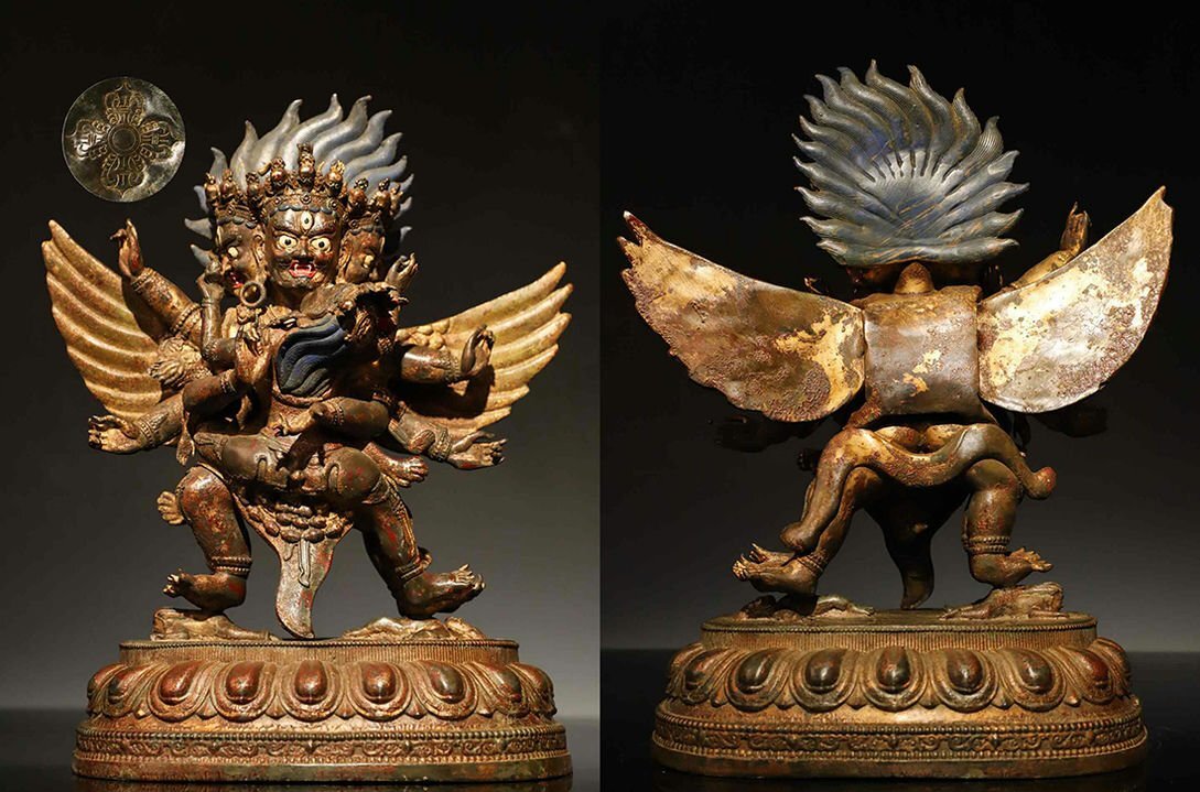 ▼渡鶴羽▼W2035清時代 仏教古美術 チベット密教 銅塗金 馬頭明王像 細工彫刻★仏像★細密細工★廃寺旧蔵★廃寺買出品拍卖