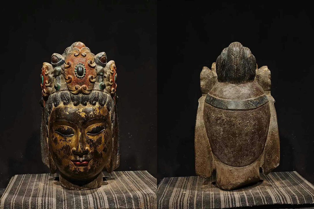 ▼渡鶴羽▼E3675隋時代 青石観音首 仏首 青石細工彫刻★仏教古美術★仏像★細密細工★廃寺旧蔵★廃寺買出品拍卖