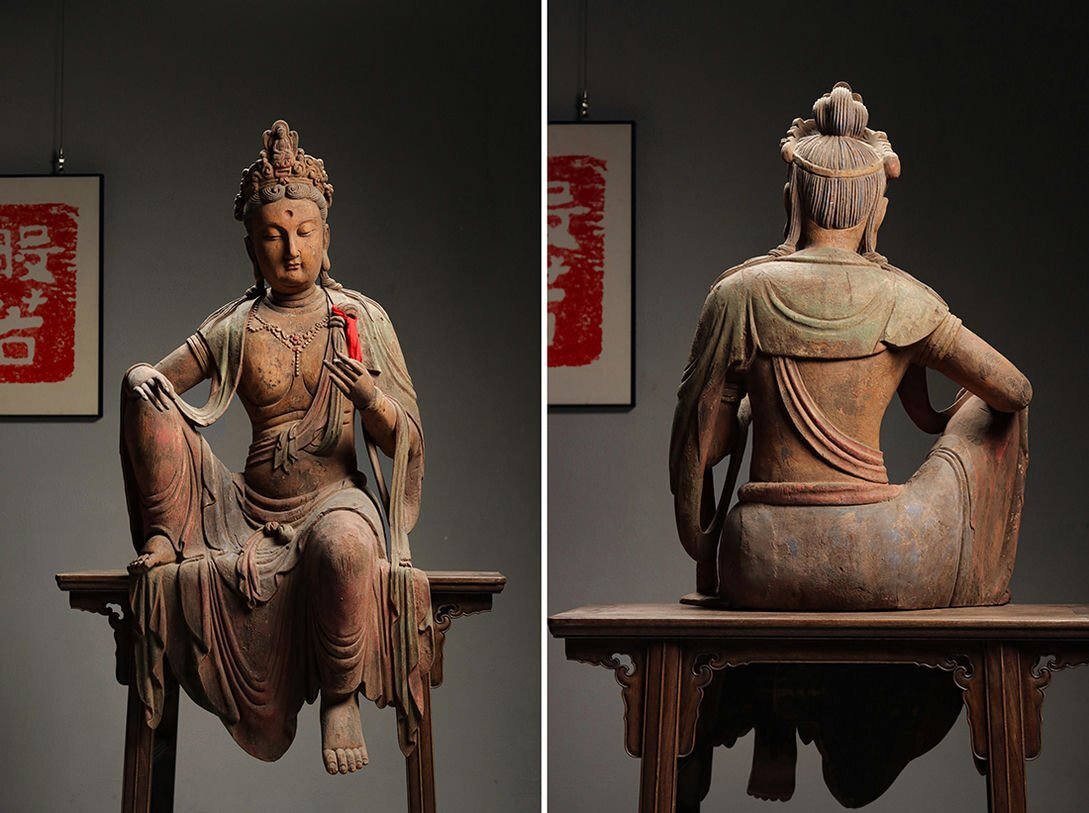 ▼渡鶴羽▼A9258明時代 楠木木彫 彩絵 水月観音造像 楠木細工彫刻★仏教古美術★仏像★細密細工★廃寺旧蔵★廃寺買出品拍卖