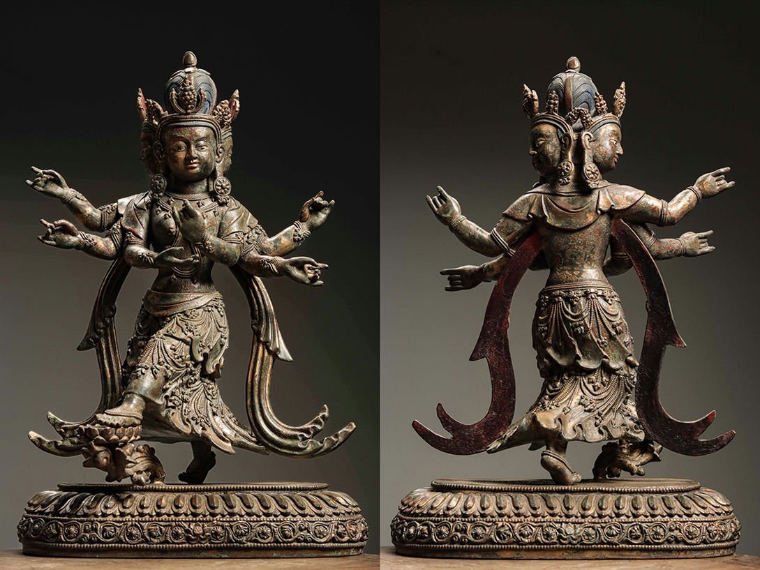 ▼渡鶴羽▼A2883清時代 紫銅塗金 舞蹈菩薩像 細工彫刻★仏教古美術★仏像★細密細工★廃寺旧蔵★廃寺買出品拍卖