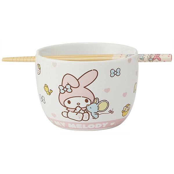 マイメロディ 陶器製 ボウル箸セット 600ml 21cm お椀 丼 竹箸 可愛い 便利 いつもいっしょのお友だち スケーター拍卖