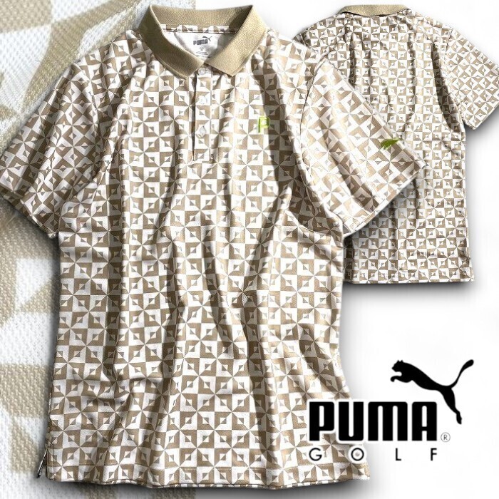 PUMA プーマ ゴルフ 新品 定価1万 夏物 Pe鹿の子 モノグラム 総柄 ストレッチ 半袖 ポロシャツ ゴルフウェア 627603 02 L ▲024▼50423w03拍卖