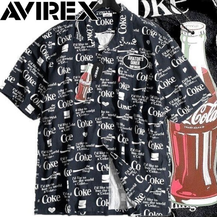 AVIREX アヴィレックス 定価1.2万 コカ・コーラ グラフィックプリント オープンカラー 開襟 半袖 シャツ 3123029 010 L ▲026▼50401k04拍卖