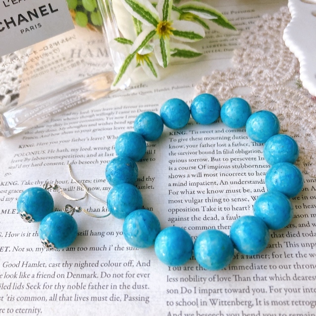 ブレスレット ピアス 2点セット ターコイズブルー ストーン 伸縮 シルバー 美品☆vintage jewelry accessoriesR0579 拍卖