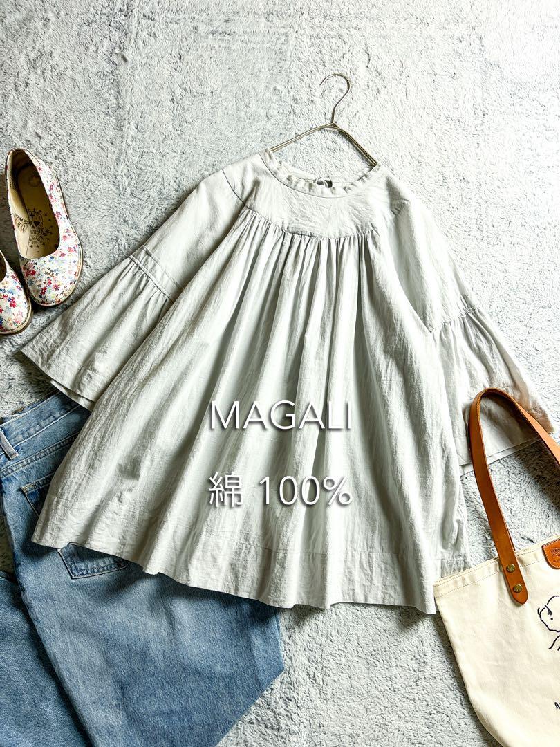 【MAGALI】マガリ 綿100% バックリボンギャザーブラウス フレアスリーブ拍卖