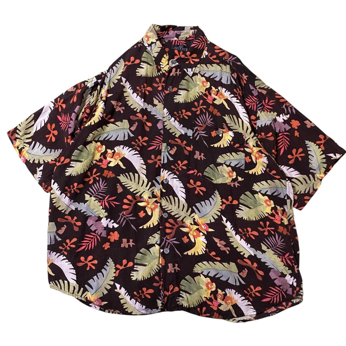 アメリカ古着 JUSTICE アロハシャツ リーフ柄 総柄 ハワイアン XXLサイズ レーヨン 【AL228】拍卖
