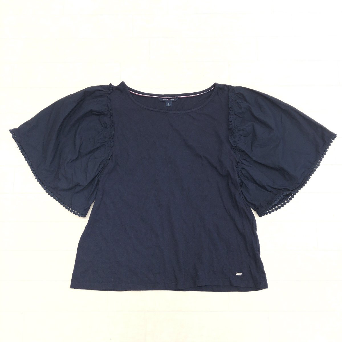 TOMMY HILFIGER トミーヒルフィガー フレアスリーブ切替 コットン カットソー M 濃紺 ネイビー Tシャツ ボリュームスリーブ 半袖拍卖