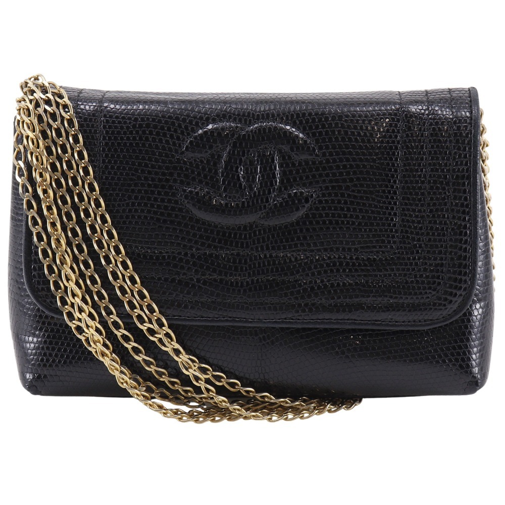 CHANEL シャネル チェーンショルダー ココマーク ヴィンテージ ショルダーバッグ リザード 黒 レディース【I151525020】中古拍卖