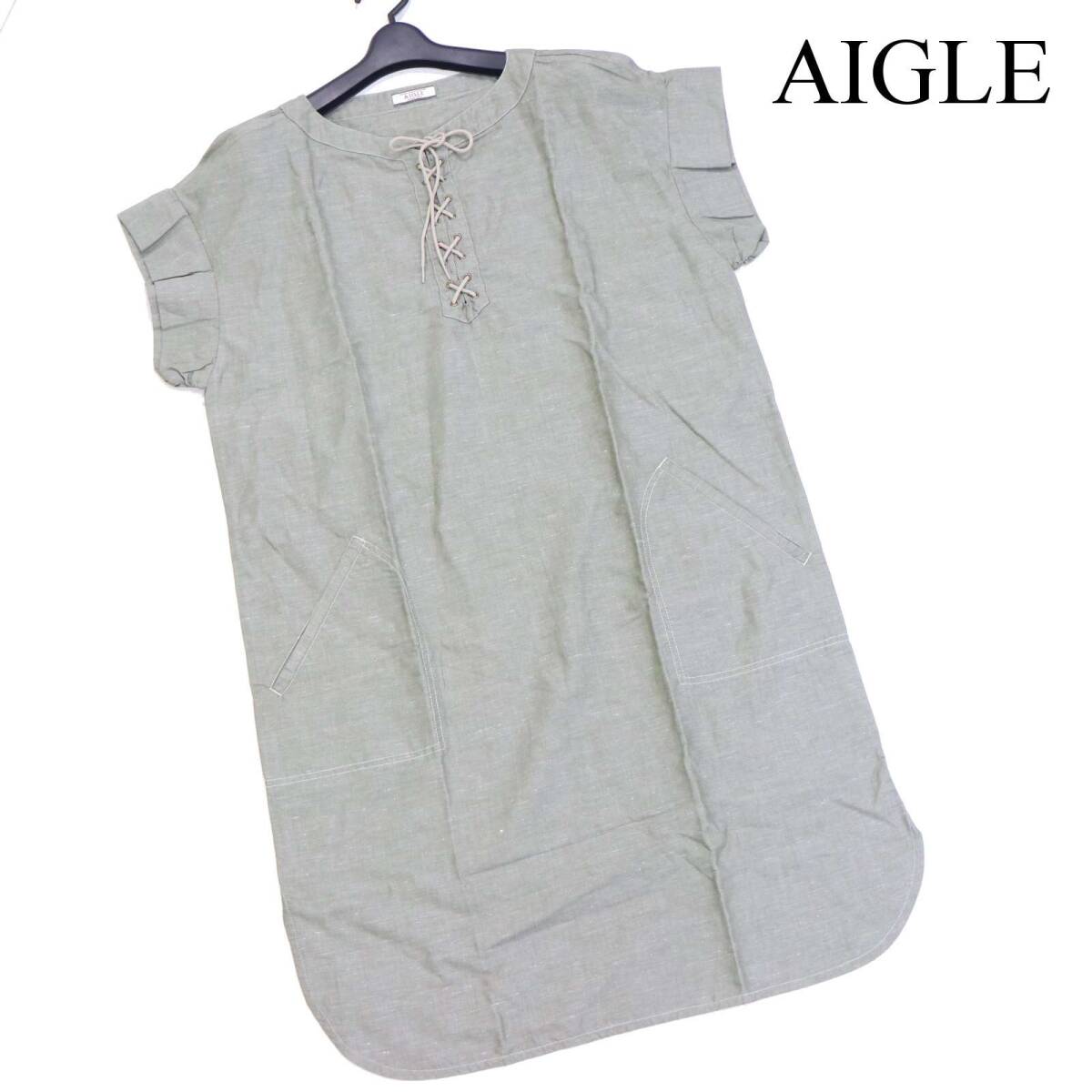 AIGLE エーグル 春夏 リネン混♪ レースアップ 半袖 ドルマン ゆったり ワンピース Sz.M レディース アウトドア拍卖