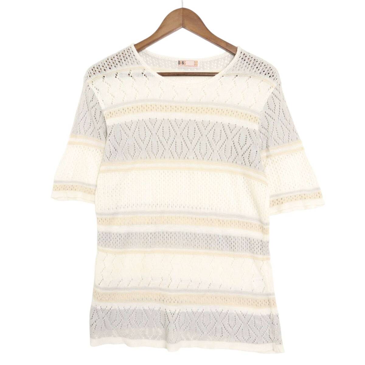 DAKS ダックス 春夏★ 麻100% ダイヤ柄 メッシュ状 透かし編み サマーニット セーター Sz.L レディース拍卖
