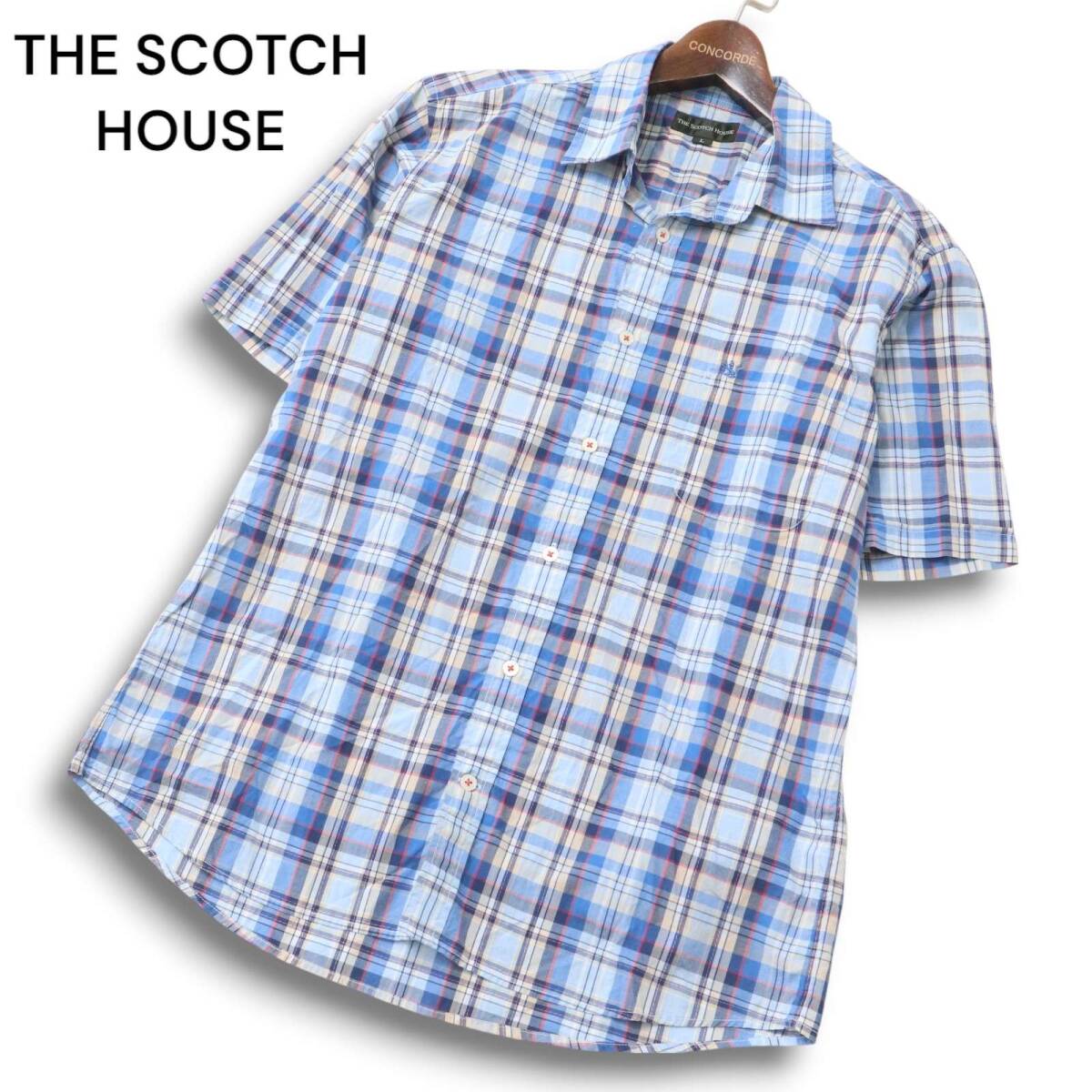 THE SCOTCH HOUSE スコッチハウス 春夏 ロゴ刺繍★ 半袖 チェック シャツ Sz.L メンズ拍卖