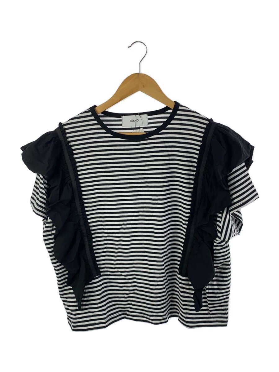 TRANOI.◆フリルワイドTee/1/コットン/WHT/ボーダー/231R226拍卖