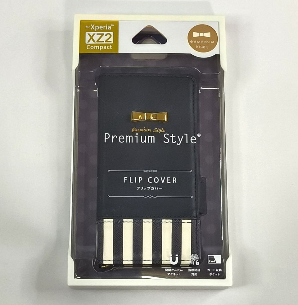 【送料無料】PGA Xperia XZ2 Compact SO-05K 手帳型 フリップ ケース カバー ストライプリボン ネイビー(マグネットロック カード入付) 拍卖
