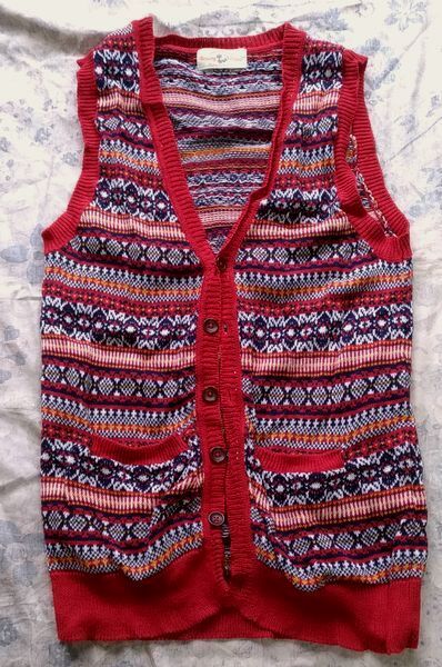 Browny Vintage ニットベスト Lサイズ 暗赤系 紺白等の模様 麻混 綿ニット ノースリーブ ブラウニージャパン ヴィンテージ 袖無し 古着拍卖