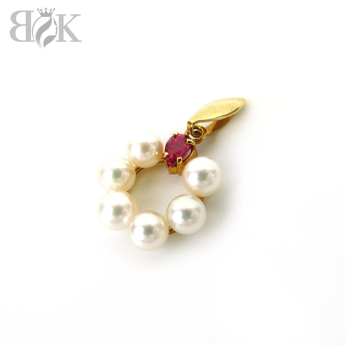 美品 K18 ペンダントトップ チャーム パール イエローゴールド パール径約3.8~4.0mm 赤石付 総重量約1.0g ◇拍卖