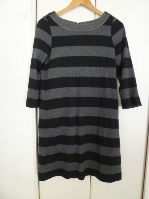 NEW YORKER/ニューヨーカー◇グレー×紺太いボーダーウール混ワンピース9AR/9号M七分袖◇OP723拍卖