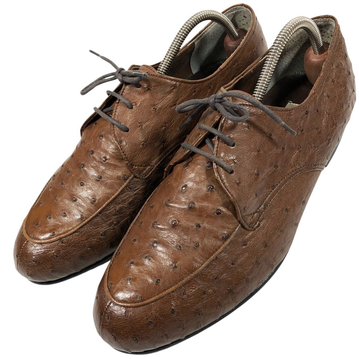 【高級素材】本物 総オーストリッチ 靴 26cm 茶 Uチップ ビジネスシューズ 外羽根式 エキゾチックレザー 駝鳥 紳士 メンズ 伊製 260 EEE拍卖