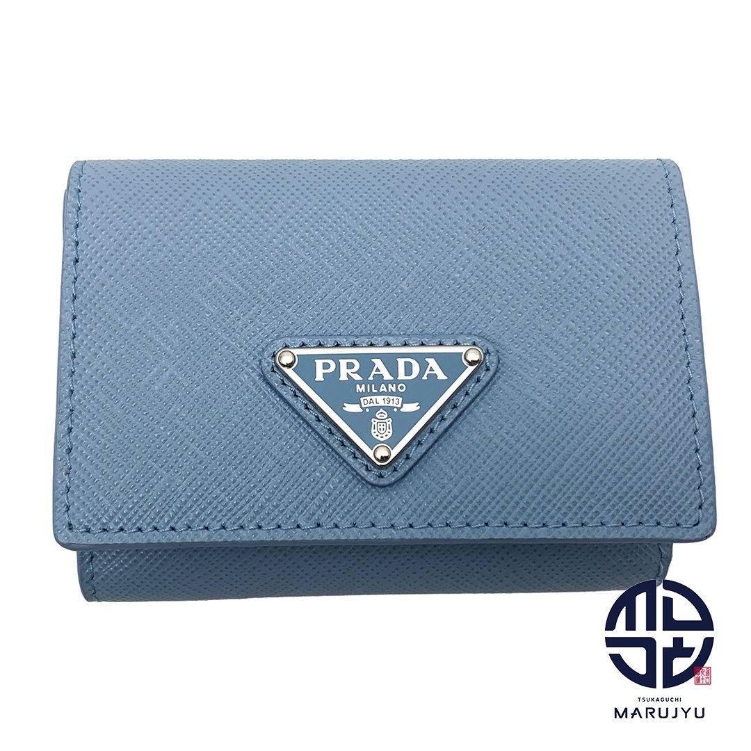 PRADA プラダ ライトブルー 水色 サフィアーノ トライアングル 財布 1MH402 コンパクトウォレット 三つ折りサイフ 財布 ブランド拍卖