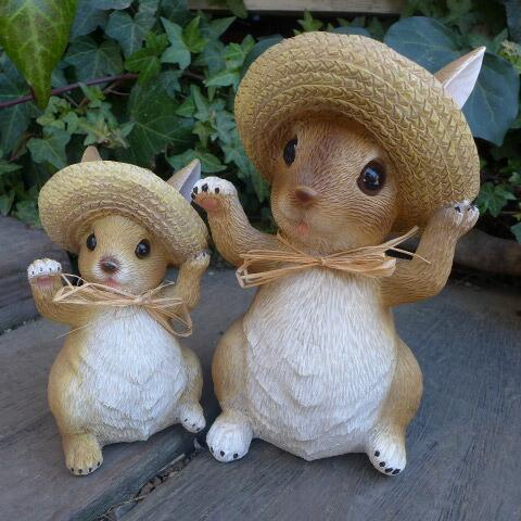 うさぎの置物 麦わらウサギ親子2羽セット 968180H ラビット ウサギ ラパン オーナメント 麦わら帽子 オブジェ ガーデン拍卖