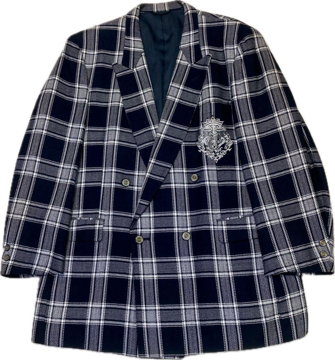 美品★アンジェロタッカリANGELO TACCARI♂ウールシルクエンブレム刺繍ピークダブルジャケット★黒白チェック拍卖