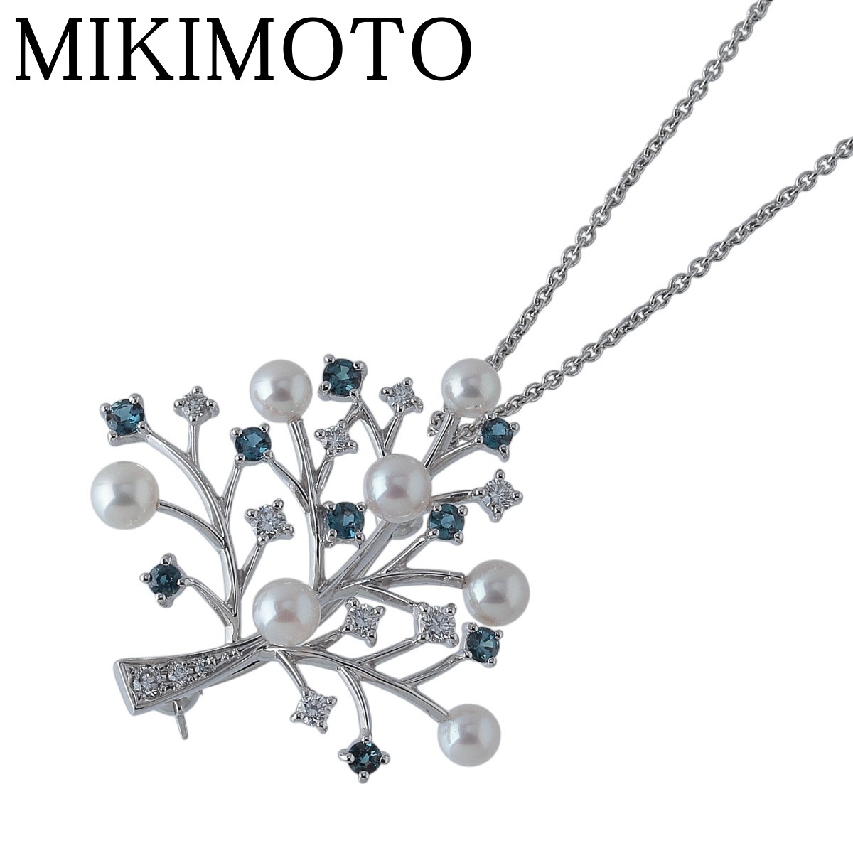 ミキモト ダイヤ アレキサンドライト パール ネックレス ペンダント兼ブローチ ツリーモチーフ 3.8mm~4.4mm 45cm K18WG 【22791】拍卖