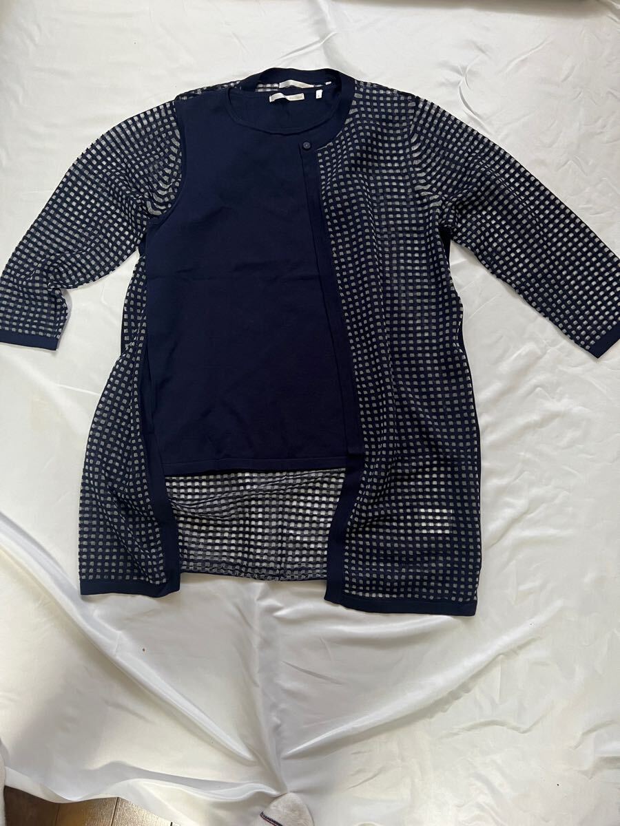 送料込■DoCLASSE ドゥクラッセ レーシーチェック ニット アンサンブル M ミッドナイトブルー タンクトップ カーディガン 定価17900+税拍卖