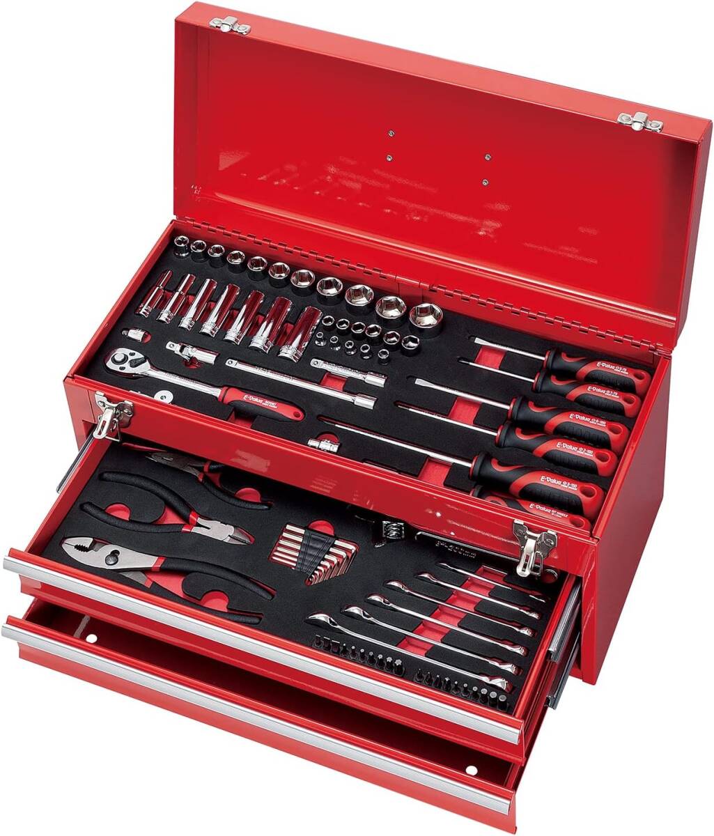 【新品】 イーバリュー(E-Value) 整備工具セット ツール80点+ツールチェスト レッド EVAマットトレー仕様 各種メンテナンス作業対応拍卖