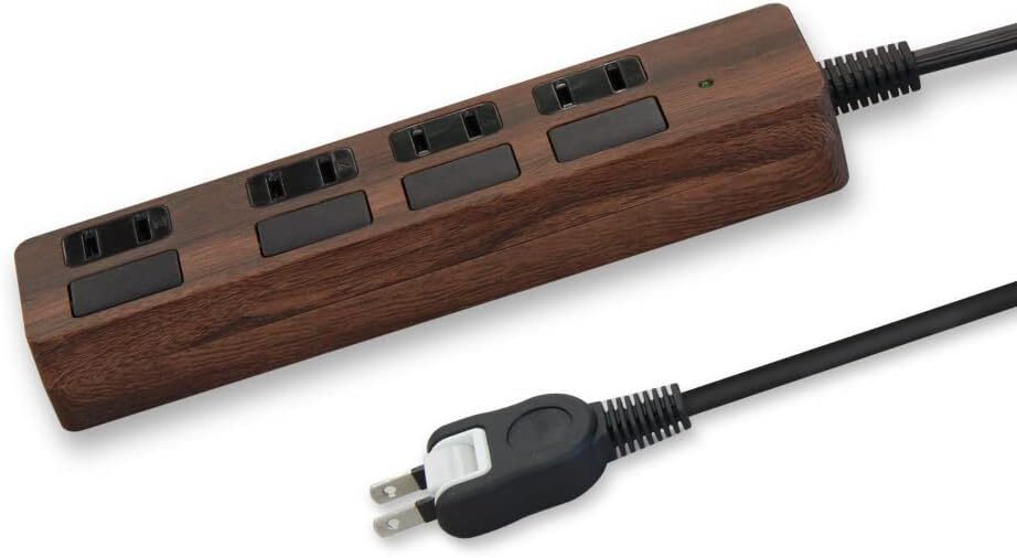 【新品】 STYLED フラットスイッチ 個別スイッチ 木目調 電源タップ ブラウン 2m 延長コード ACコンセント 4個 雷ガード 1500W拍卖