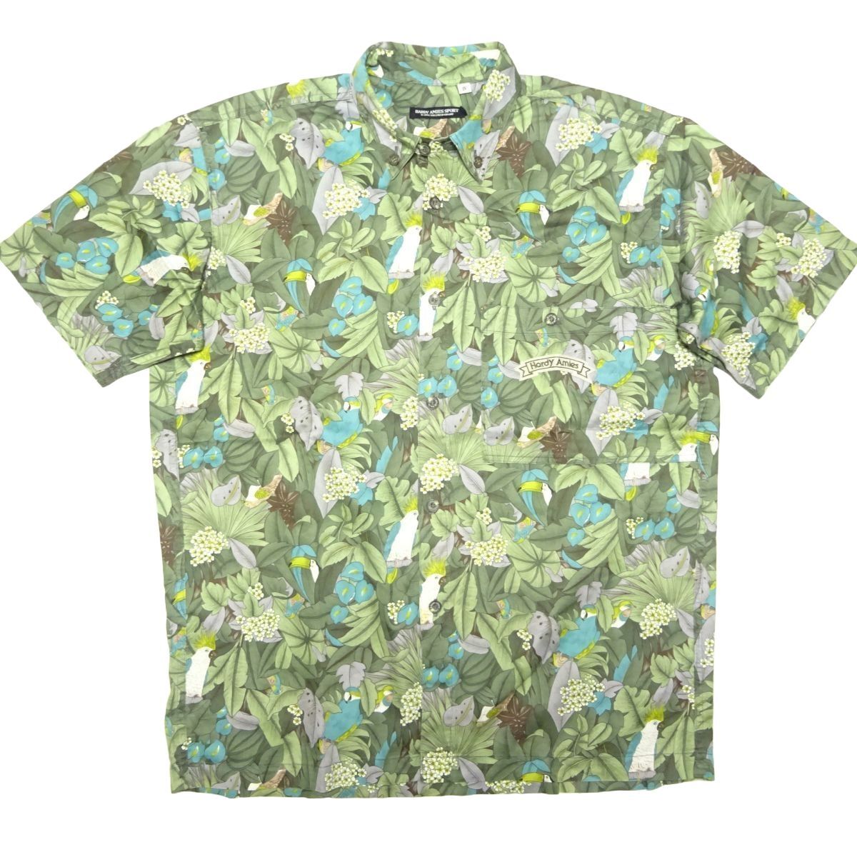 ★ハーディエイミス★半袖ボタンダウンシャツ4/半袖シャツHARDY AMIESオウムインコ鳥花柄シャツ総柄シャツハーディーエイミスメンズ拍卖