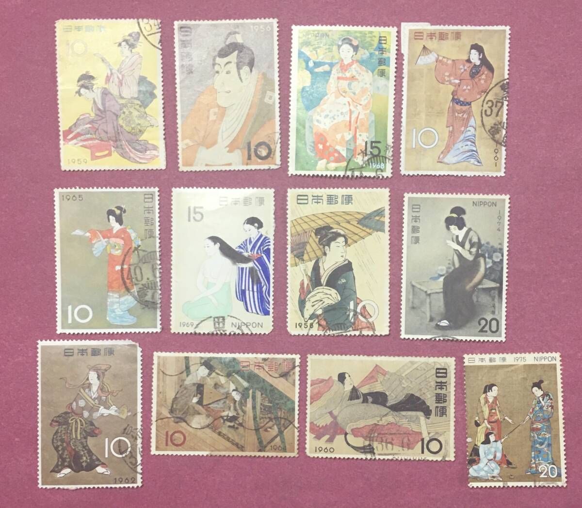 消印済 切手趣味週間 写楽 舞子林泉 浮世源氏 序の舞 宿木 千姫 雨中湯帰り ほか 12枚 使用済拍卖