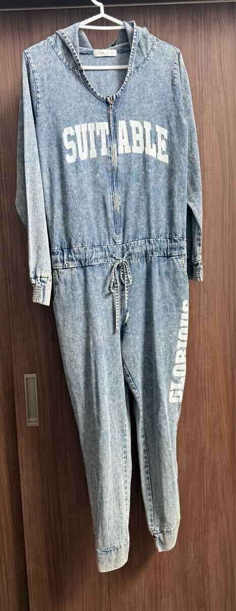 Three Lips スリーリップス サロペット ロゴプリント オールインワン カバーオール オーバーオール Mサイズ レディース つなぎ 古着拍卖